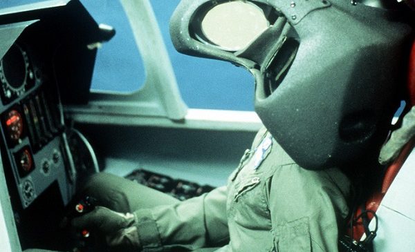 A pilot wearing the VCASS helmet (Visually-coupled Airborne Systems Simulator)